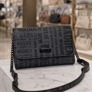 Steve Madden Logo Crossbody Wallet Bag Black Chain Strap Women's Snap NWT Synthe